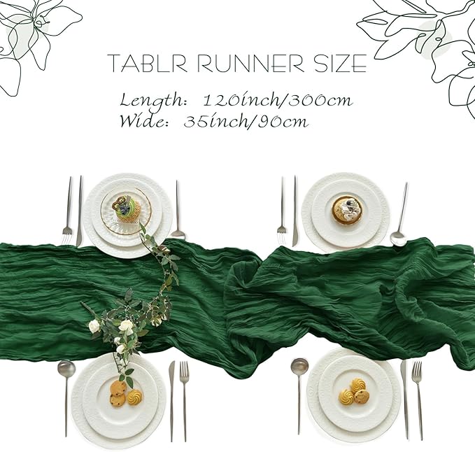 IVAPUPU 2 Pcs Cheesecloth Table Runner - 10ft Emerald Green Spring Boho Gauze Cheese Cloth Table Runners for Baby Shower Decorations Wedding Party Garden Decor