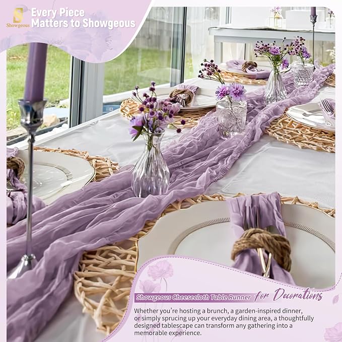4 Pack Purple Cheesecloth Table Runner 17 x 108 inch Boho Gauze Table Runner Rustic Sheer Cheese Cloth Table Decorations for Wedding Party Baby Bridal Shower Birthday Holiday Home