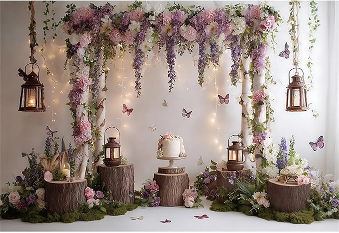 Baocicco Rustic Flower Wall Backdrops 7x5ft Farmhouse Wedding Background Photography Baby Shower Bridal Shower Backdrop Purple Floral Wooden Butterfly Backdrop Kids Adults Portraits Studio Props