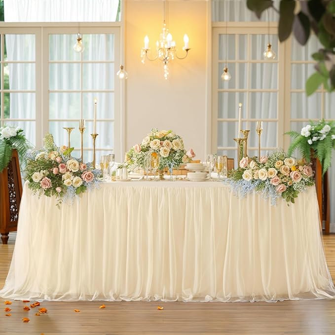 Champagne Tablecloth 6 Foot Rectangle, Tulle Table Skirt for Rectangle Tables 6ft Fitted Desk Skirt Banquet Birthday Party Wedding Champagne Table Cloths Cover