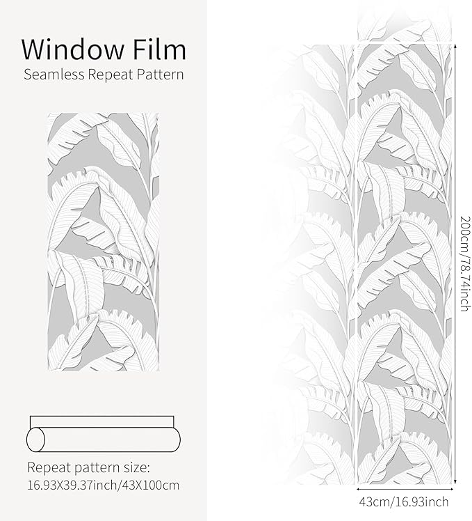 Faux 3D Frosted Tropical Window Privacy Film for Glass Door and Window, 16.93"x78.74" 3D-Banana Leaves