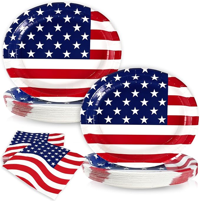 100 Pcs 4th of July Patriotic Paper Plates and Napkins Set Heavy Duty,12"x10" Large Red White Blue Oval Disposable Tableware Set for Veterans Election Day Independence Day American Flag Party Decor