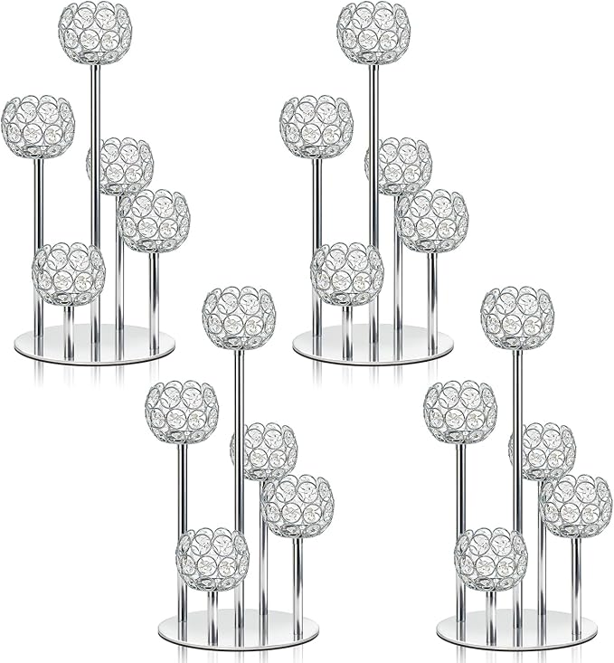 5-Arm Crystal Tealight Candelabra Centerpiece, 14.8 Inch Metal Candle Holder for Table Decor, Wedding, Christmas, Party, Anniversary & Home Decoration (4, Silver, S-14.8 in)