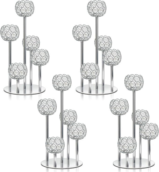 5-Arm Crystal Tealight Candelabra Centerpiece, 14.8 Inch Metal Candle Holder for Table Decor, Wedding, Christmas, Party, Anniversary & Home Decoration (4, Silver, S-14.8 in)