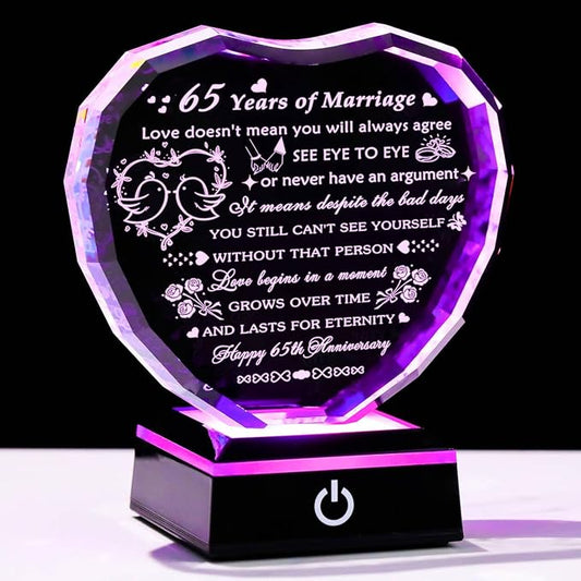 Arikyrist 65th Wedding Anniversary Crystal Gifts for Couple Parents, Happy 65th Anniversary Heart Keepsake Decorations Gifts for Wife Husband, Romantic 65 Years of Marriage Gift for Him Her Friends