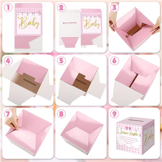 Teling 51 Pieces Diaper Raffle Tickets with Card Box Baby Shower Decorations Baby Shower Holder Box for Girl Boy Diaper Raffle Party(Pink Heart)