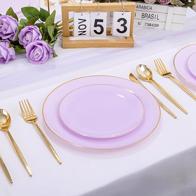 PULOTE 100PCS Purple Plastic Plates Disposable - Include 50 Dinner / 50 Dessert Plates Heavy Duty for Party, Wedding&Birthday