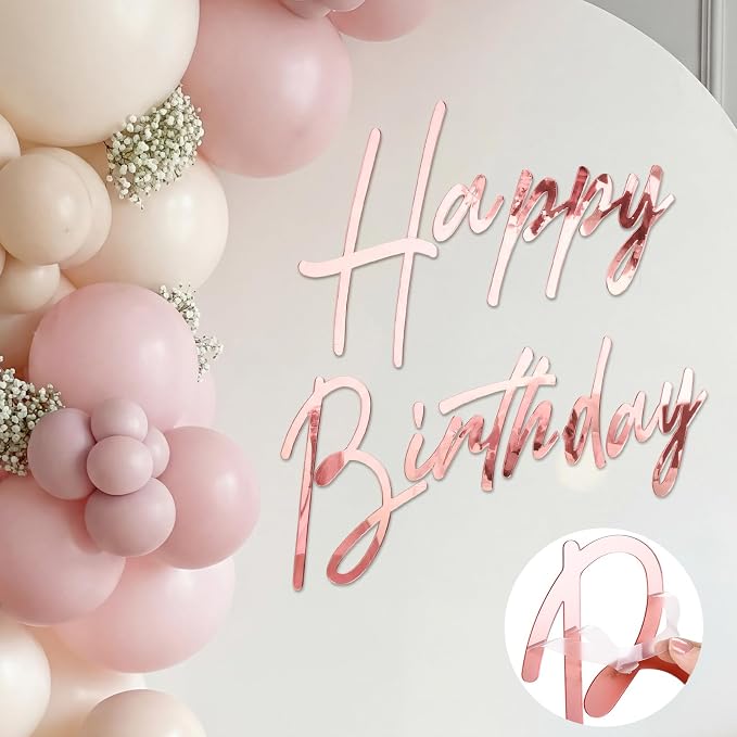 Yousoontic Happy Birthday Sign for Backdrop Large Happy Birthday Sticker Letter Acrylic Mirror Decal for Balloon Arch Wall Kpop Party, Peel Off Acrylic Film(23 x 20 Inches,Classic,Rose Gold)