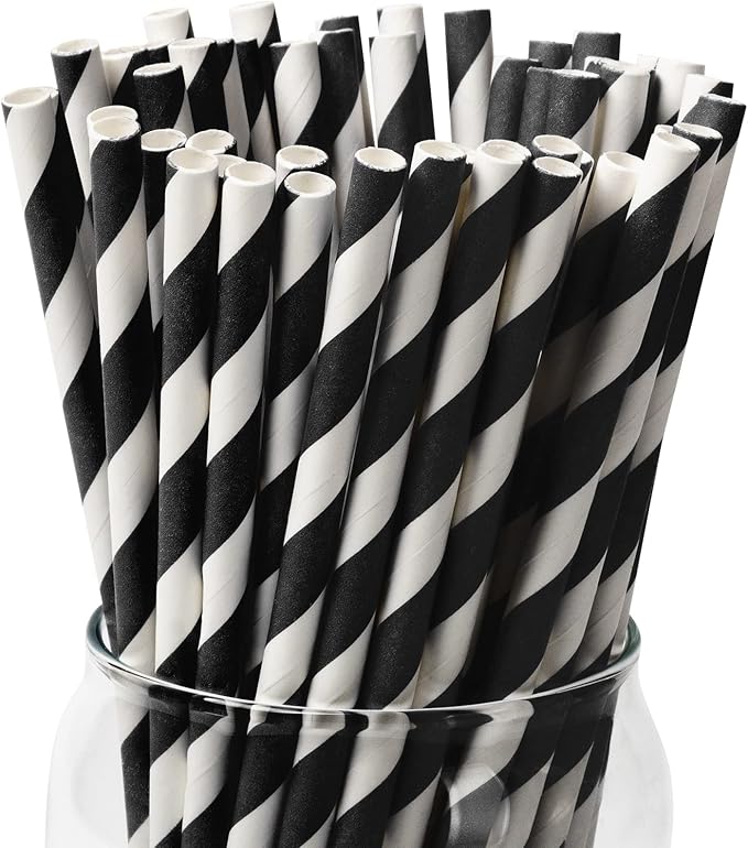 PakTalk [100 Pack] Biodegradable Black & White Stripe Paper Straws for Birthdays, Weddings, Baby Showers, Halloween & Christmas Party Supplies (0.24" x 7.75")