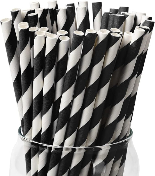 PakTalk [100 Pack] Biodegradable Black & White Stripe Paper Straws for Birthdays, Weddings, Baby Showers, Halloween & Christmas Party Supplies (0.24" x 7.75")