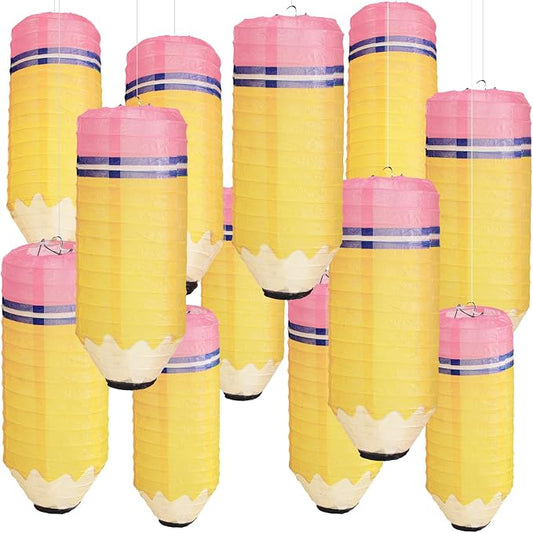 Retisee 12 Pcs Back to School Classroom Decoration Pencil Hanging Paper Lanterns Kindergarten Preschool Art Classroom Ceiling Decor, First Day of School Birthday Supplies