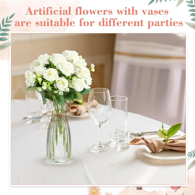 Zeyune 31 Pcs Rose Artificial Flowers with Vase Bulk for Table Centerpiece, 20 Bundles Fake Silk Roses 10 Plastic Clear Vase with 1 Pcs Rope Arrangement Decoration Wedding Home Party(White)
