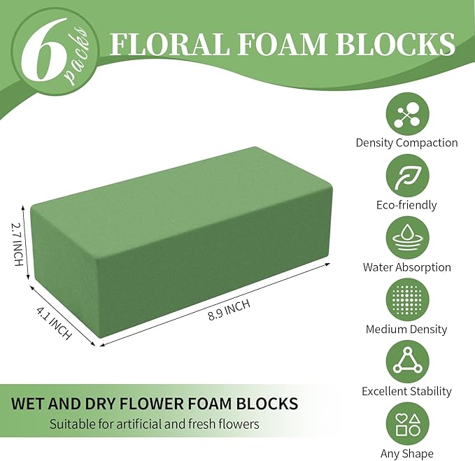 Aktor 6 Pcs Floral Foam Blocks for Fresh & Artificial Flower Arrangement, 8.8” x 4.1” x 2.7” Green Wet Foam for Wedding, Birthdays, Home, Office, and Garden Decorations