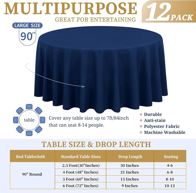 Showgeous 12 Pack Navy Blue Round Tablecloth - 90 Inch Washable Polyester Tablecloths for Round Tables - Wrinkle Resistant Decorative Fabric Table Cover for Dining, Wedding, Party, Banquet