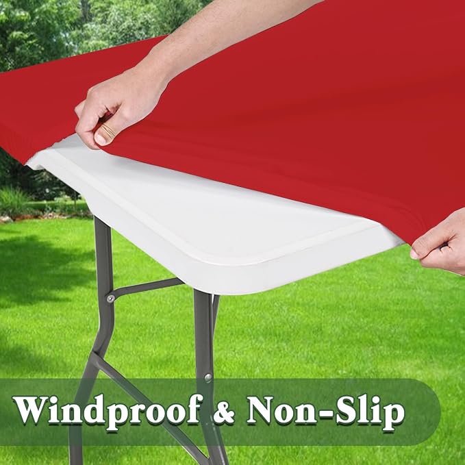 4 Pack Picnic Fitted Table Cover for 8 Foot Tablecloth for Rectangle Tables Waterproof Stretch Washable Folding Indoor and Outdoor Spandex Table Cloth for Camping Banquet and Parties (Red,30" x 96")