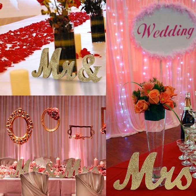 Mr & Mrs Freestanding Wooden Letters - Glitter Finish - Perfect for Sweetheart Table or Rustic Wedding Decor, Anniversary, Showers (Golden)
