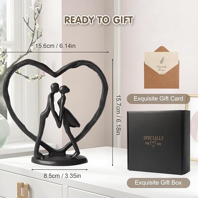 Anniversary Wedding Gift for Her Wife Husband Couple，Classic Black Metal Couple Figurine Heart Sculpture Love Statue，Romantic 1st to 60th Anniversary,Includes Present Box and Gift Card，Valentines Gift
