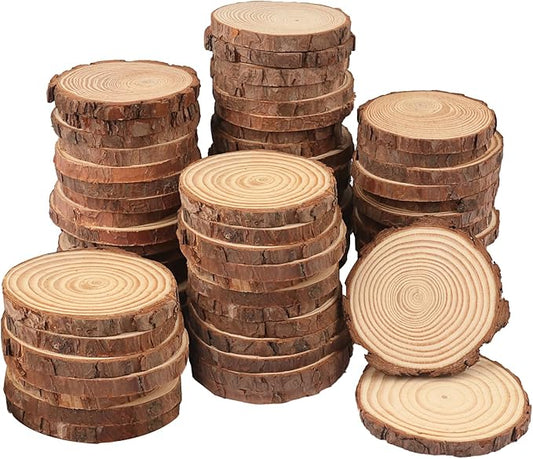 GNIEMCKIN 80 PCS 3-4 Inch Natural Wood Slices, Unfinished Pine Wood Circles with Barks for Coasters, DIY Crafts, Christmas Rustic Wedding Ornaments and Centerpieces