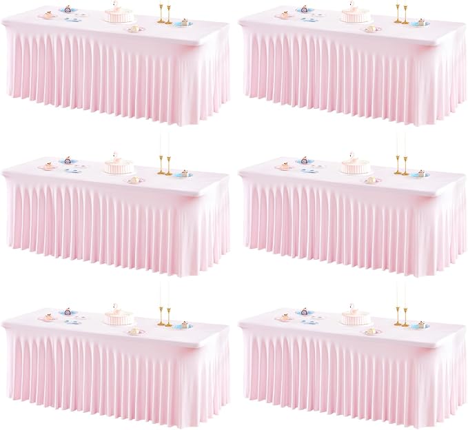 6 Packs Pink Table Clothes for 8 Foot Rectangle Tables, One-Piece Wrinkle Resistant Stretch Spandex Table Covers with Skirt for Event Banquet Wedding Birthday Party