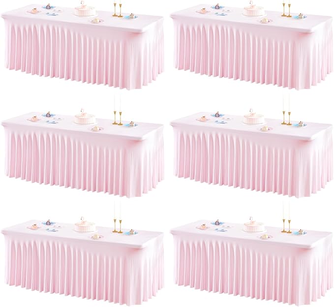 6 Packs Baby Pink Spandex Table Clothes for 6FT Rectangle Tables, Wrinkle Free Fitted Table Cover for Event, Wedding, Banquet & Parties