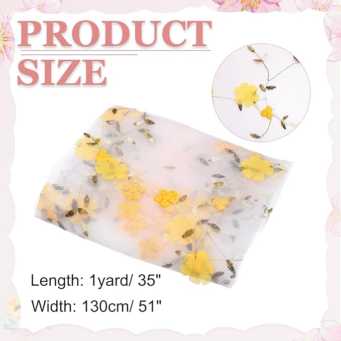 MECCANIXITY 1 Yard Tulle Fabric 35"x51" 3D Flower Embroidery Mesh Lace Fabric for DIY Handmade Clothing Wedding Dress Skirt Home Curtain Decoration, Yellow White