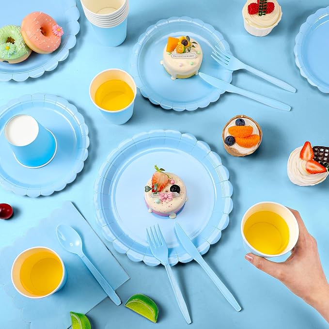 Tegeme 256 Pcs Light Blue Party Supplies Paper Plates Napkins Tablecloths Baby Blue Disposable Plastic Cups Forks Knives Spoons Serve 36 Guests for Birthday Baby Shower Wedding Dinnerware Decoration