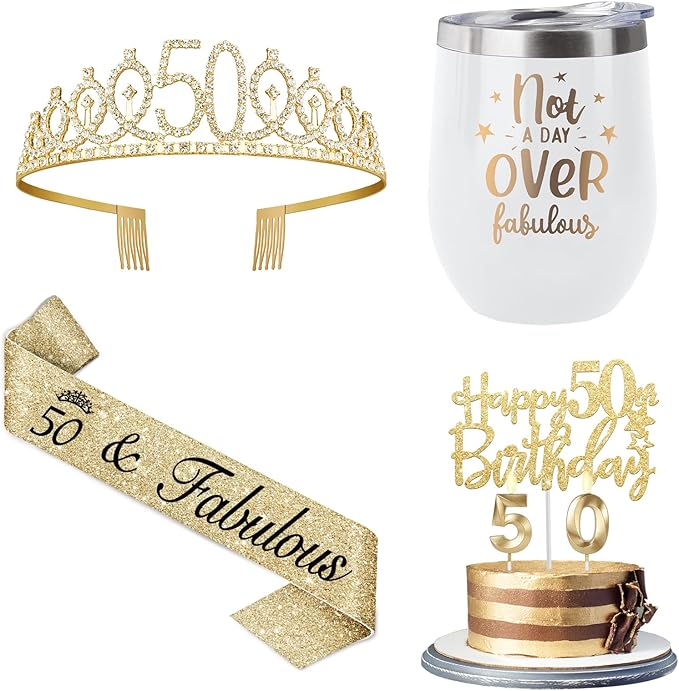 50th Birthday Gifts Women Including 12oz Tumbler/Mug for Wine or Coffee, Birthday Crown, Sash, Cake Topper and Candles, 50 Year Old Decorations Gifts Idea