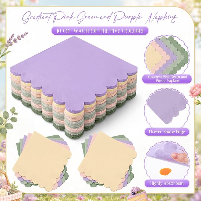 Zhehao 150 Pcs Fairy First Birthday Decorations Pink Green Purple Plates and Napkins Tableware Serves 50 Include 9 Inch 7 Inch Scalloped Wave Edges Paper Plate and Napkin for Wedding Baby Shower Party
