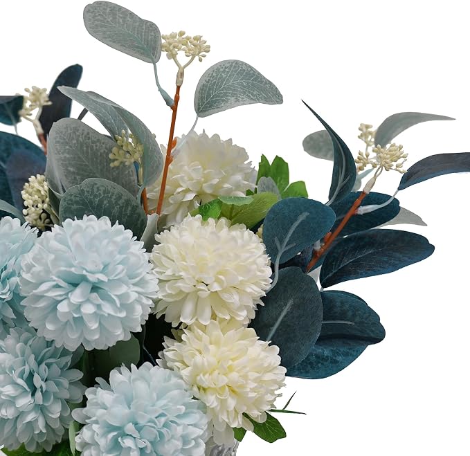 Artificial Flowers with Vase, Faux Flower Arrangement with Eucalyptus Leaves, Silk Hydrangea Table Centerpiece for Home Office Kitchen, Dining Room & Coffee Table Decor