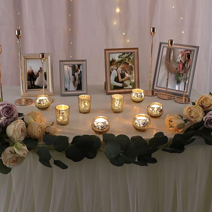 DEVI 24pcs Assorted Gold Votive Candle Holders, Mercury Glass Candle Holder, Diwali Decorations, Gold Wedding Centerpieces for Tables, Bridal Shower Party Table Decorations