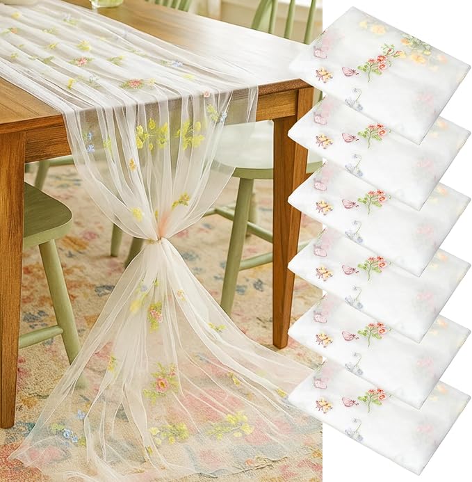 Lounsweer 6 Pcs White Wildflower Table Runner 10ft Embroidery Tulle Spring Floral Table Runner Seasonal Summer Butterfly Kitchen Dining Gauze Decoration for Wedding Baby Shower Birthday Party