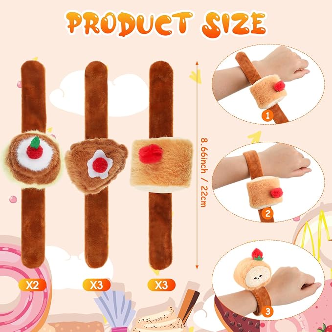 Lenwen 8 Pcs Dessert Stuffed Slap Bracelets for Kids Plush Dessert Slap Snap Bracelets Bulk Sweet Pudding Roll Cake Plush Wrist Bands for Food Birthday Graduation Party Favors Gift Boys Girls