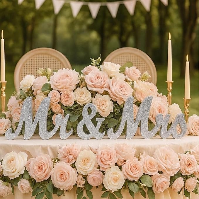 Mr & Mrs Sign for Wedding Table, Wedding Decorations for Reception, Large Wooden Letters Centerpieces Decor for Sweetheart Table, Ceremony, Anniversary, Party and Valentine's Day(Silver)