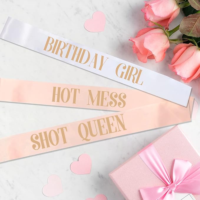 12Pcs Party Sashes Set, White Girl Sash + 11pcs Rose Gold Satin Sashes for Women's Birthday Party Gifts & Decorations