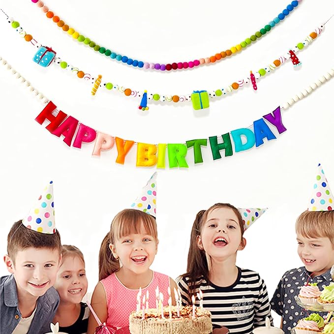 Pre-Strung Happy Birthday Banner, Colorful Felt Ball Garland, Felt Party Hats, Birthday Candles, Cute Gifts, Personalized Banner Sign for Holiday Decor Birthday Party Decoration