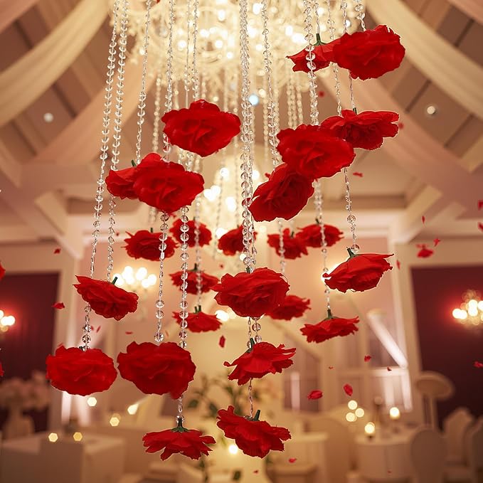 Norme 16pcs 31.4 Inch Red Rose Hanging Garland Crystal Beaded String Garland Artificial Rose Flower Decor for Mother's Day Ceiling Wedding Engagement Bridal Shower Party Decorations