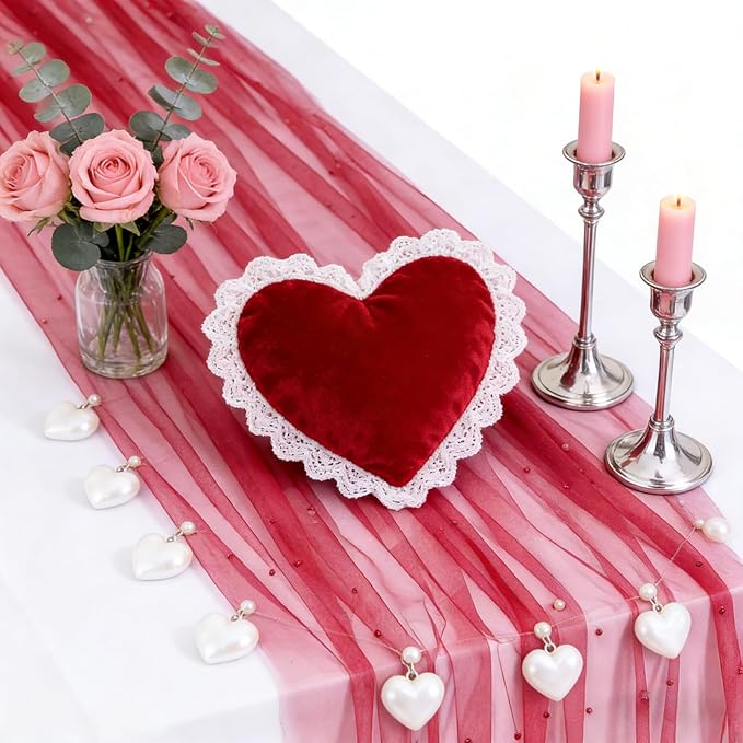Tulle Table Runner Pearl Fabric: Red Mother's Day Veil Dessert Chiffon Pearl Lace Boho 12pcs Overlay Valentine's Wedding Aisle Runner Party Decorations Doilies Christmas