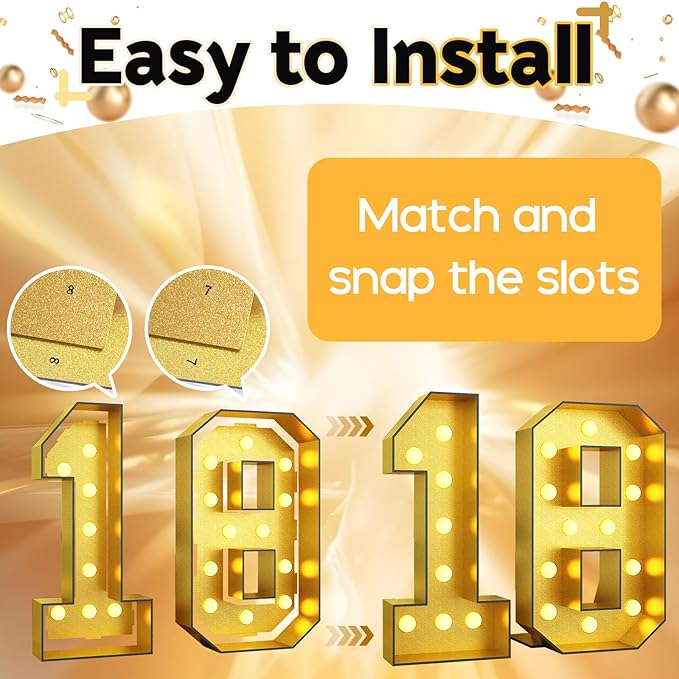 Light Up Numbers 18, 4FT Light Up Numbers 18 Marquee Gold Large Light Up Numbers Mosaic Numbers for 18th 81st Birthday, Giant Light Up Number 4 Feet DIY Frame Pre-Cut Foam Board Kit for Anniversary