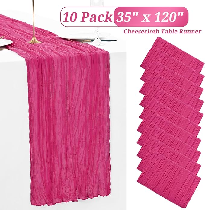 Showgeous 10 Pack Hot Pink Cheesecloth Table Runner, 10FT Long Semi-Sheer Boho or Rustic Gauze Table Runner Wedding Table Decor for Wedding Decor Arch Draping Bridal Shower Holiday Party