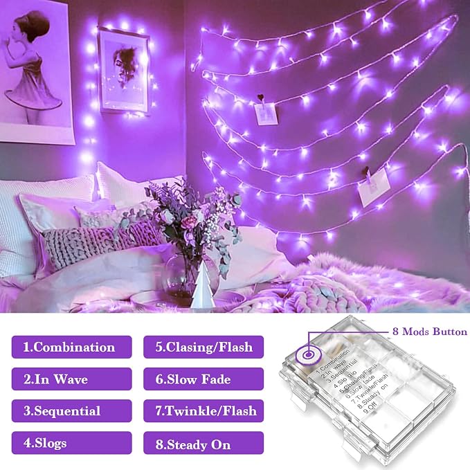 JMEXSUSS 33ft 100 LED Purple Christmas Lights, Battery Operated Christmas Lights with Remote Indoor Outdoor, Purple String Lights for Tree Room Proch Yard Xmas Decor