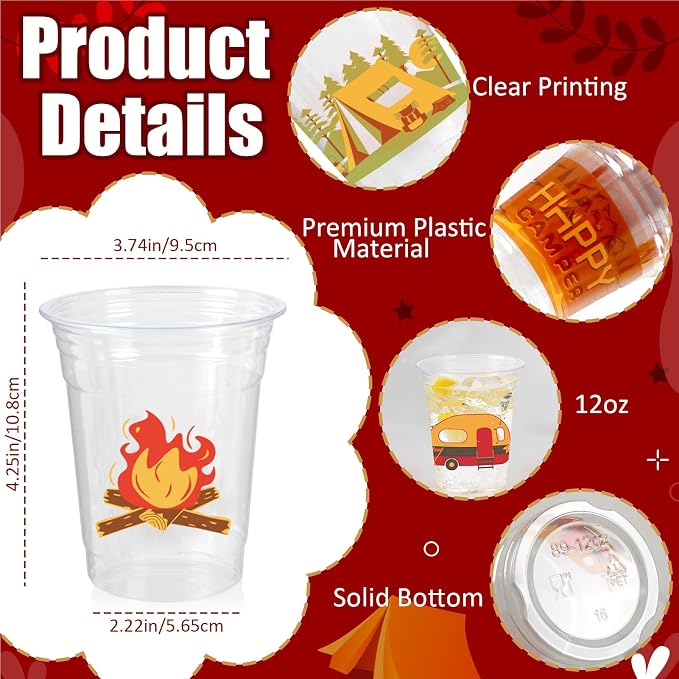 Camping Party Decorations Cups, 100 Pcs 12Oz Bulk Disposable Drinking Camping Theme Plastic Cups for BBQ Coffee Tea Beverage Backyard Birthday Shower Wedding Party Decorations Favors