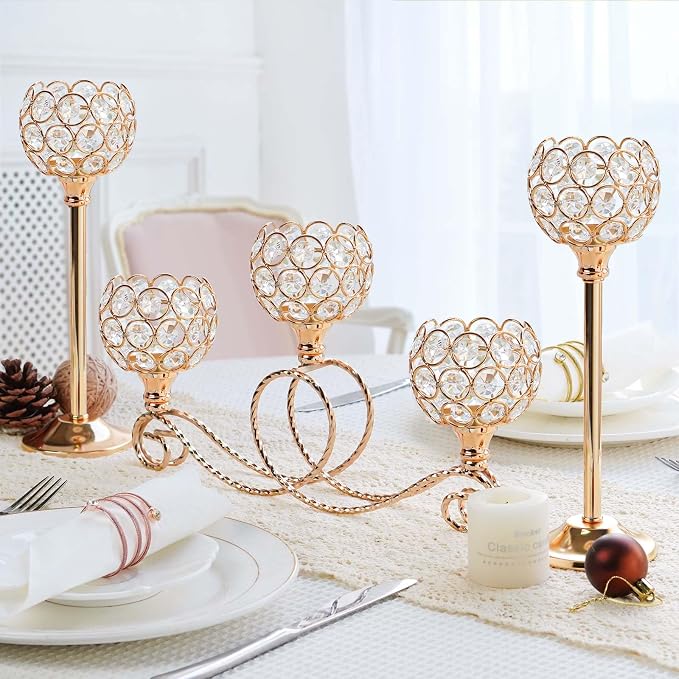 Gold Set of 6 Metal Crystal Tea Light Candle Holder, Elegant Wedding Table Centerpiece Candle Holder, Christmas Wishing Crystal Bowl Candle Holder Suitable for Wedding Party Living Room Decoration