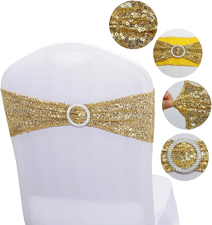 50 PCS Stretch Sequin Chair Sashes Chair Stretchy Spandex Bands for Wedding Reception Events Banquets Chairs Decoration (Gold)