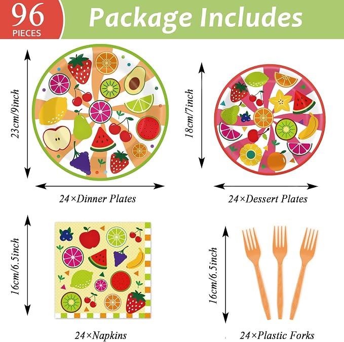 chiazllta 96 Pcs Fruits Paper Plates Tutti Summer Fruit Birthday Party Decorations Disposable Fruit Tableware Party Supplies Favors for 24 Guests