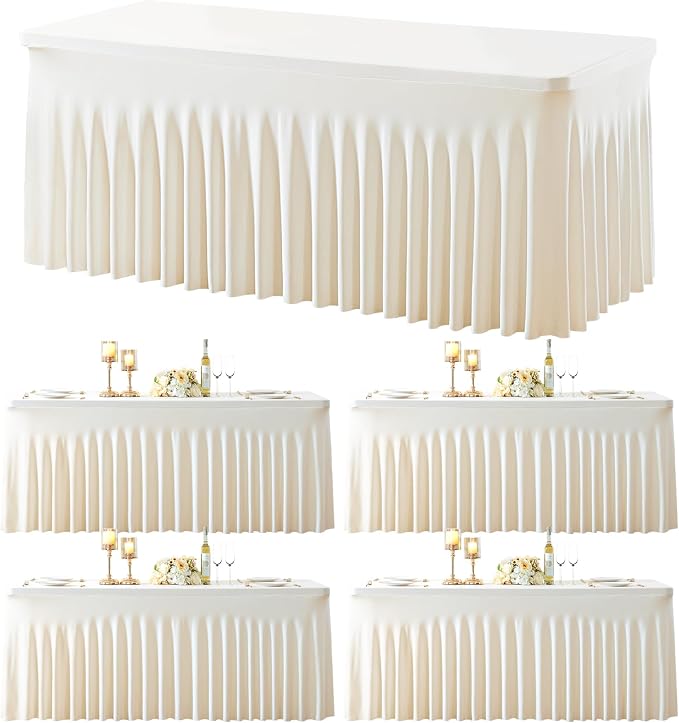 gogoparti 4 Pack Spandex Ivory Fitted Table Cloth for 6ft Rectangle Tables Ivory Stretch Tablecloth Banquet Table Covers Skirt Wrinkle Free Tablecloths for Parties Wedding