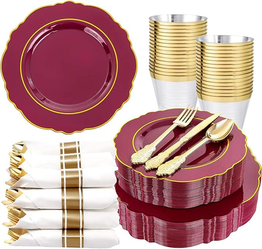 Liacere 175PCS Red Plastic Plates - Disposable Burgundy Red and Gold - 25guest Baroque Plastic Dinnerware include 50Plates, 25Pack Pre Rolled Napkins with Silverware 25Cups for Party&Mothers Day