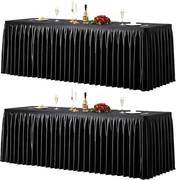 2 Packs Black Satin Tablecloths Rectangle 8FT, Glitter Spandex Fitted Stretch Table Covers Wrinkle-Free Floor Length Shimmer Table Skirt for Weddings Parties Baby Shower Banquets Vendor Events