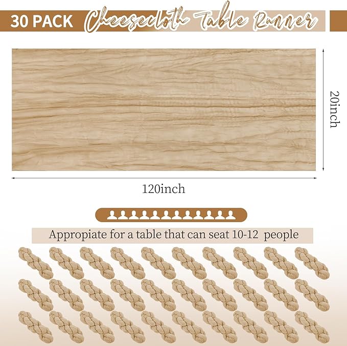 30 Pack Beige Table Runner 10Ft Cheesecloth Table Runner Boho Gauze Table Runners Romantic Long Sheer Fabric Cheese Cloth Table Runners for Wedding Party Bridal Shower