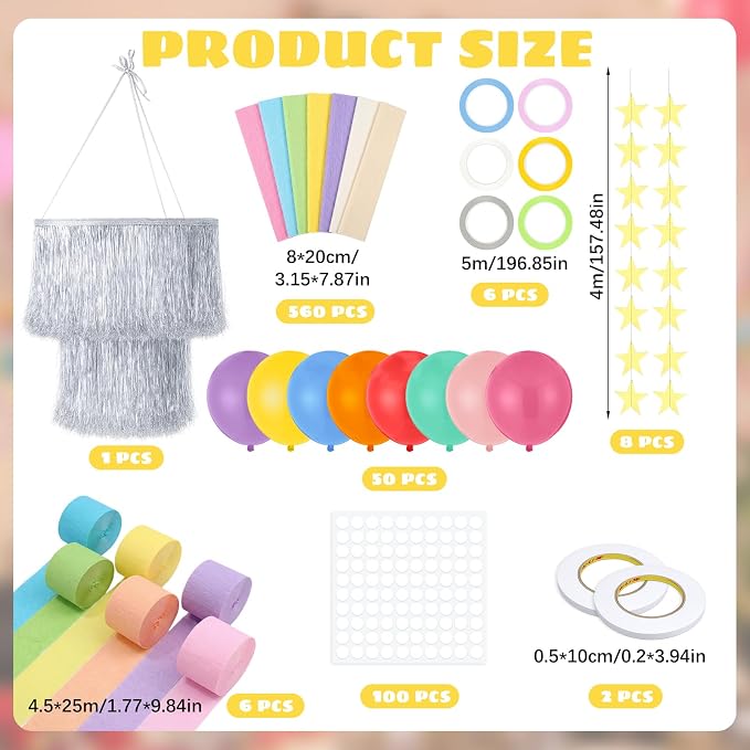 Blueweenly Fancy Princess Birthday Party Decorations Paper Chain Garland Strip Ceiling Party Classroom Decor Crepe Streamer Glitter Star Chandelier Balloons for Wedding Birthday(Macaron,Large,5 Pcs)
