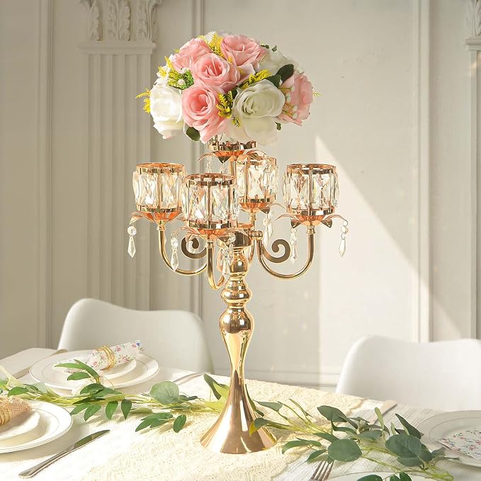 Gold Candelabra Candle Holders, Elegant Bling Centerpiece with Pendant Crystal Table Decorations 5 Arms Candlesticks for Dining Room,22 Inches Tall (4, Gold)
